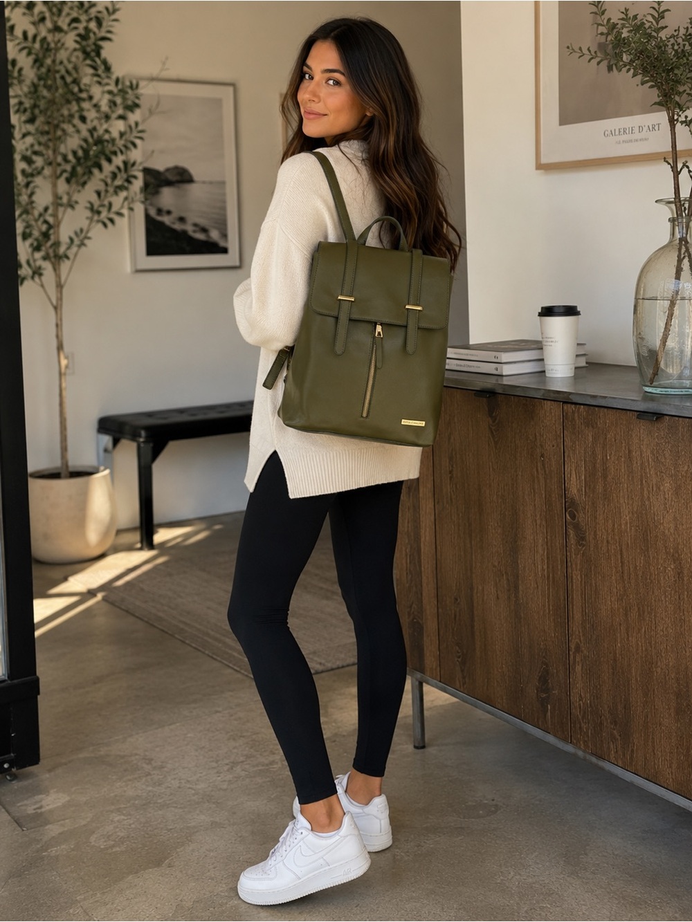 fia Cardoni Olive Green Backpack Gold Hardware Faux Leather Purse